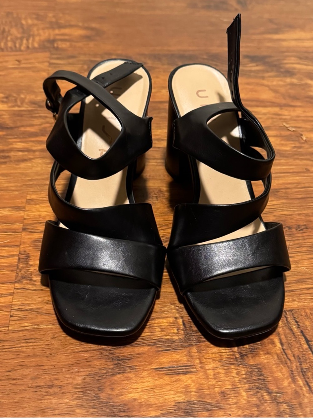 Black Leather Strappy Block Heel Sandals for Women